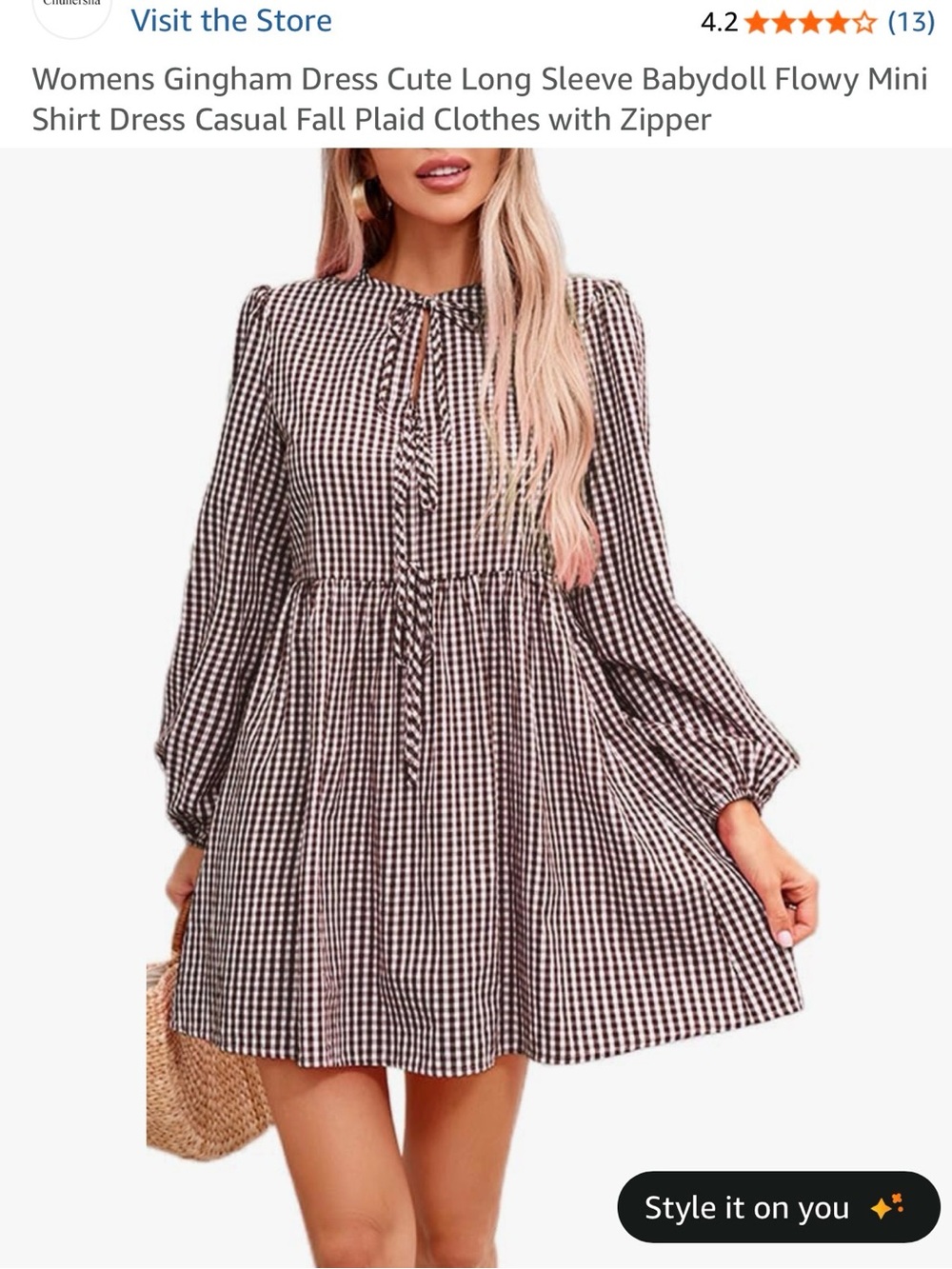Gingham Long Sleeve Babydoll Dress - Black/White